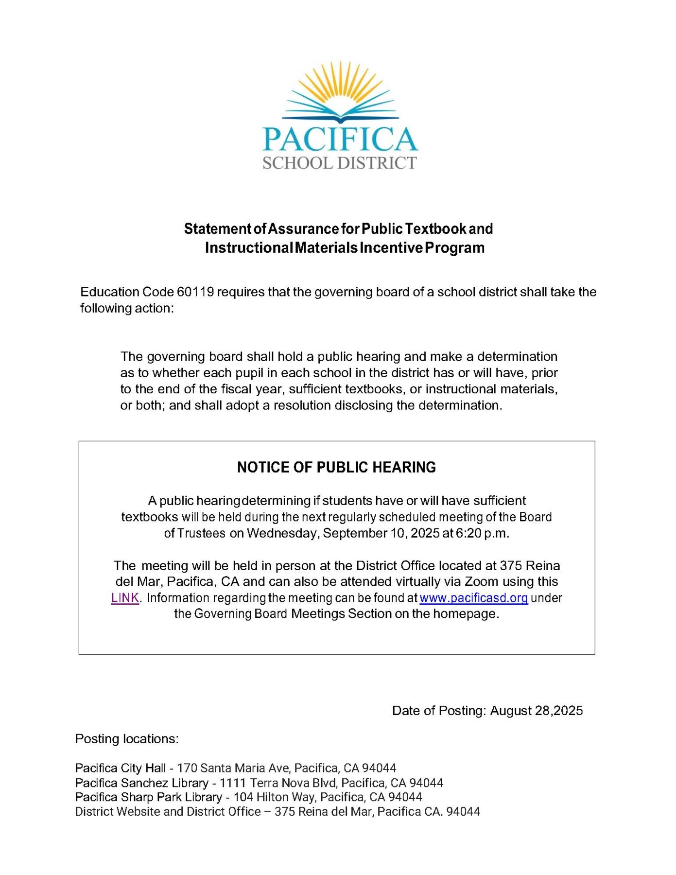 NOTICE OF PUBLIC HEARING - Sufficiency of Textbooks and Instructional Materials 2025-2026