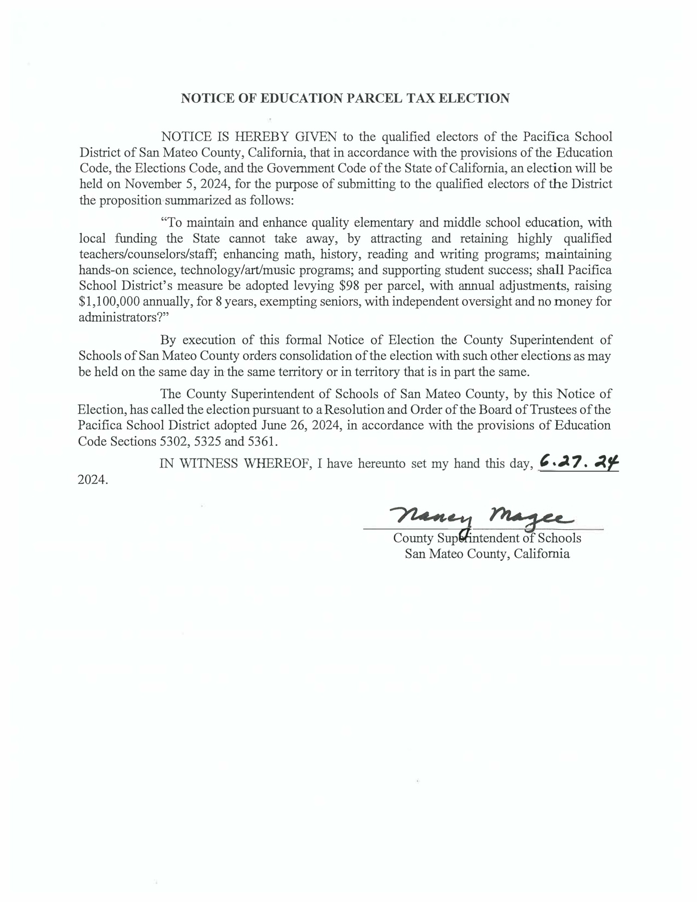 Notice of Education Parcel Tax Election